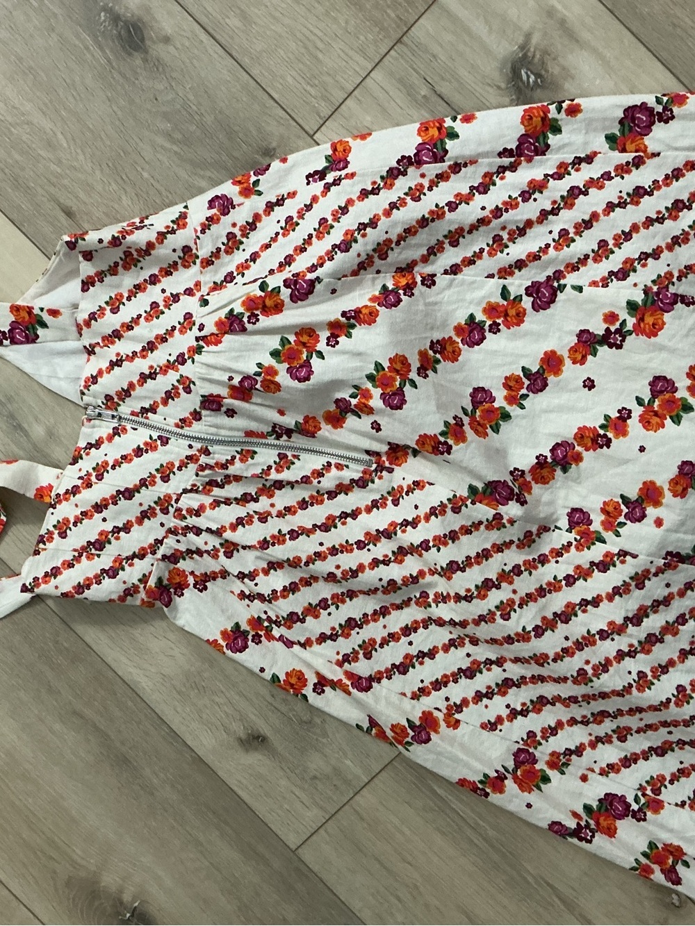 For Love & Lemons Floral Stripe Midi Slip Dress in White with Red & Pink Accents - Picture 3 of 6